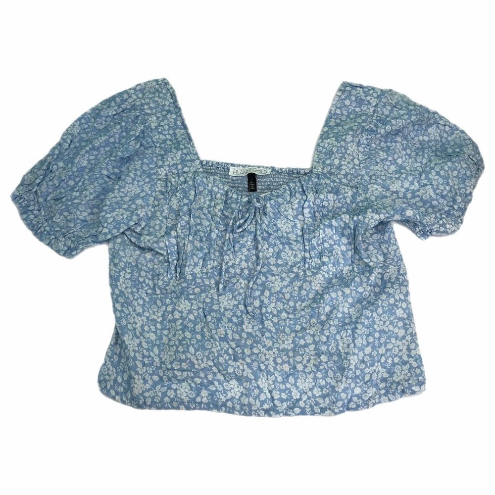 Juniors Womens Top Blouse Size Large L Blue White Floral Short Peasant NWT